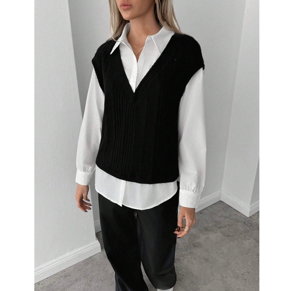 2 in 1 Black Knit Vest On White Button Up Shirt - Picture 11 of 12